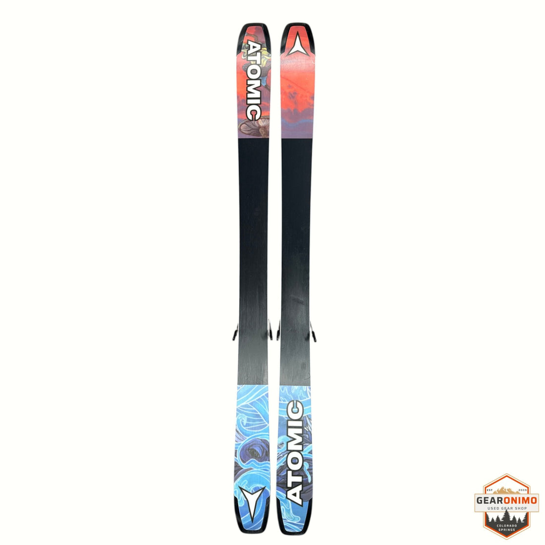 Gearonimo Sports Atomic Bent 100 skis in 179 cm length featuring vibrant red and blue graphic topsheet designs.