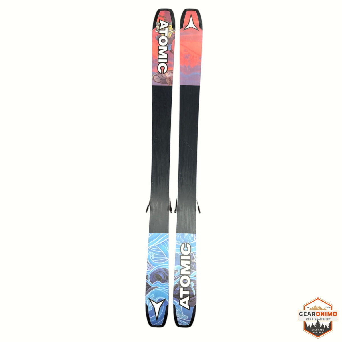 Gearonimo Sports Atomic Bent 100 skis in 172 cm length featuring colourful graphic topsheets on a white background.
