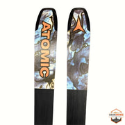 Gearonimo Sports Atomic Bent 100 skis with blue and orange marble graphic topsheets and black bases