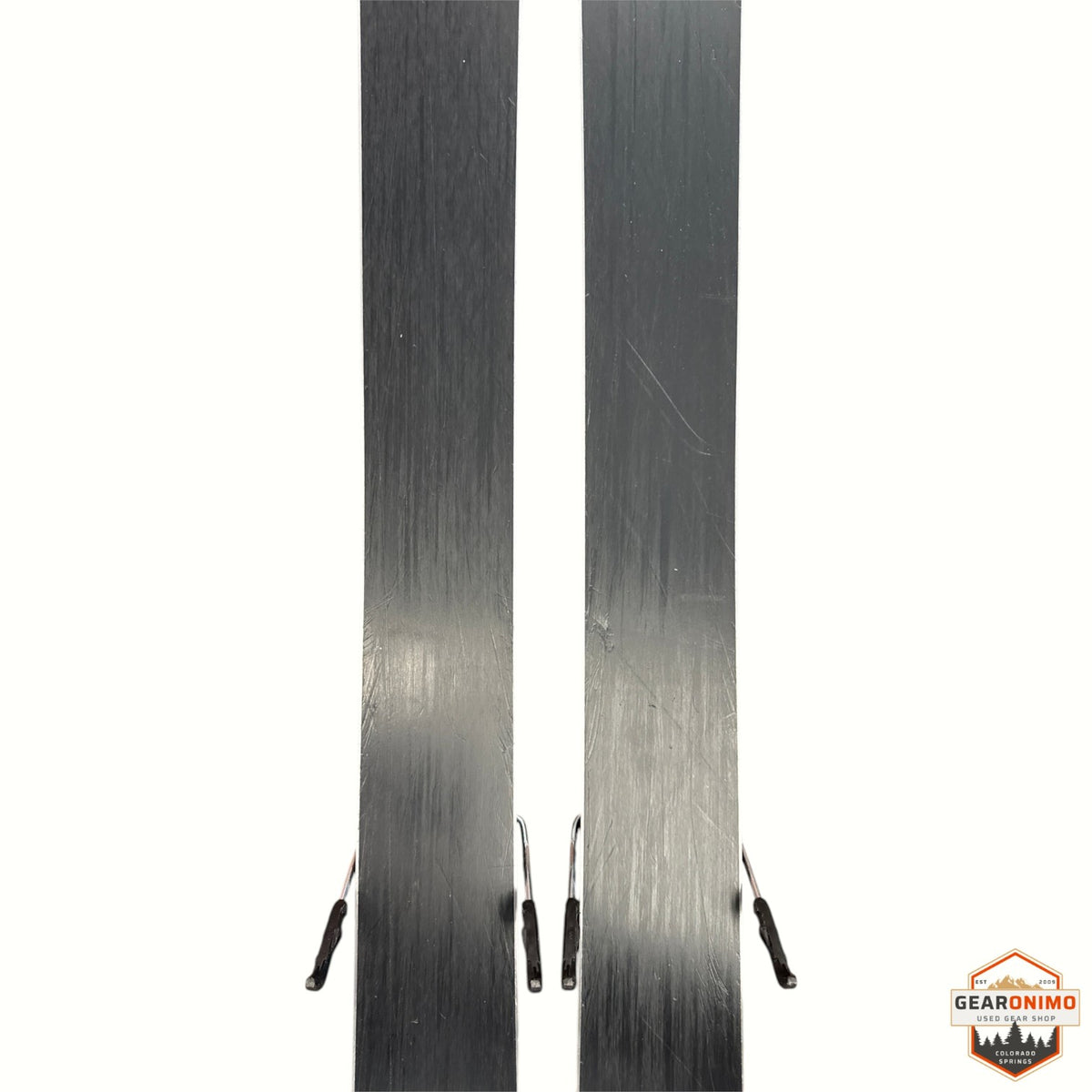 Gearonimo Sports Atomic Bent 100 skis showing black bases and metal edges in a 172 cm length