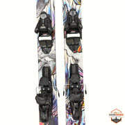 Gearonimo Sports Atomic Bent 100 skis with black Strive 11 bindings featuring colorful abstract graphic topsheets