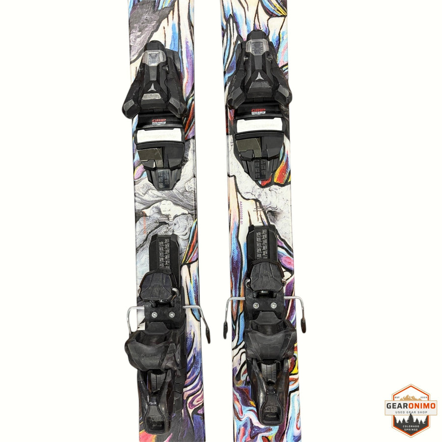 Gearonimo Sports Atomic Bent 100 skis with black Strive 11 bindings featuring colorful abstract graphic topsheets