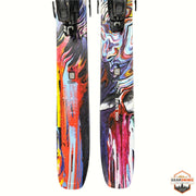 Gearonimo Sports Atomic Bent 100 skis with Strive 11 bindings, featuring vibrant abstract multi-color graphic design.