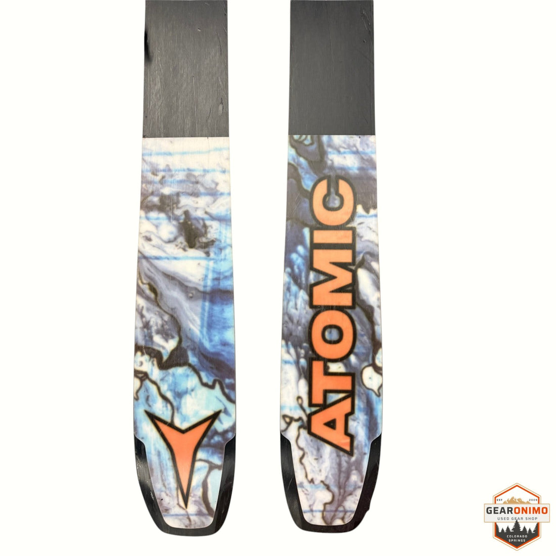 Gearonimo Sports Atomic Bent 100 skis with Strive 11 bindings featuring blue and white marble graphic topsheets