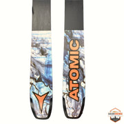 Gearonimo Sports Atomic Bent 100 skis with Strive 11 bindings featuring blue and white marble graphic topsheets