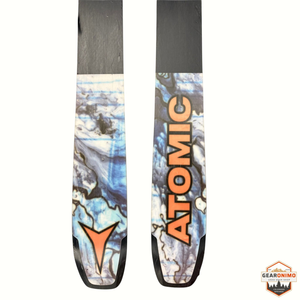 Gearonimo Sports Atomic Bent 100 skis with Strive 11 bindings featuring blue and white marble graphic topsheets