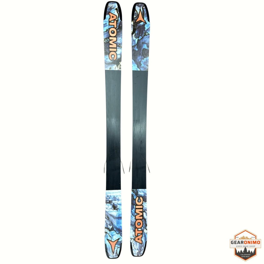 Gearonimo Sports Atomic Bent 100 skis with Strive 11 bindings, featuring blue marble graphic and black base, 172cm