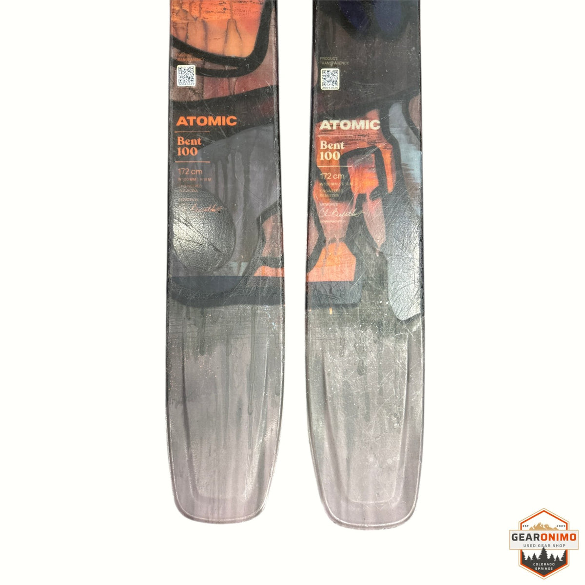 Gearonimo Sports Atomic Bent 100 skis in 172 cm length with orange and black graphic design