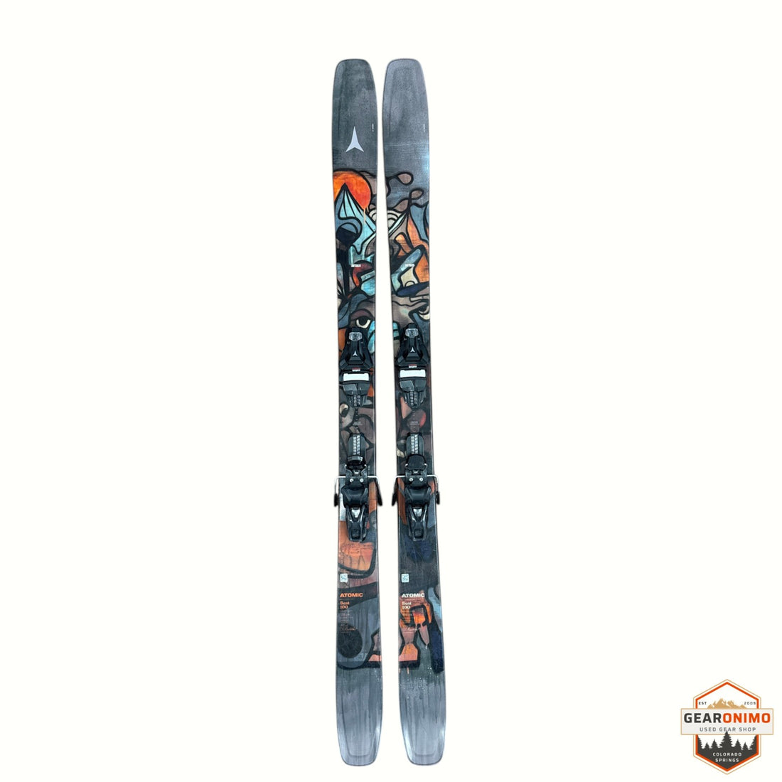 Gearonimo Sports Atomic Bent 100 skis in 179 cm with colourful abstract graphic art on a grey background