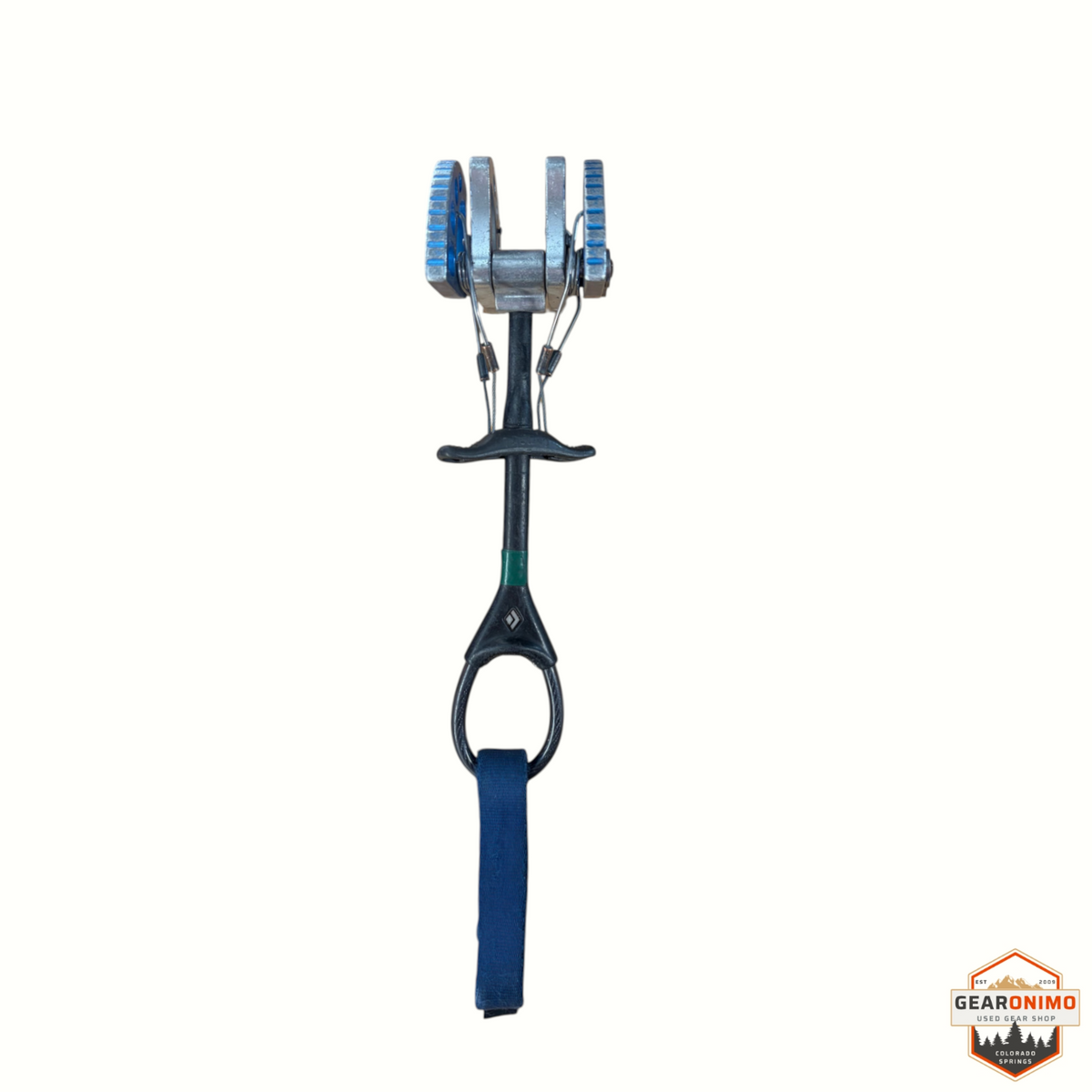 Gearonimo Sports Black Diamond C4 size 3 climbing cam with blue lobes and black stem on a wooden surface