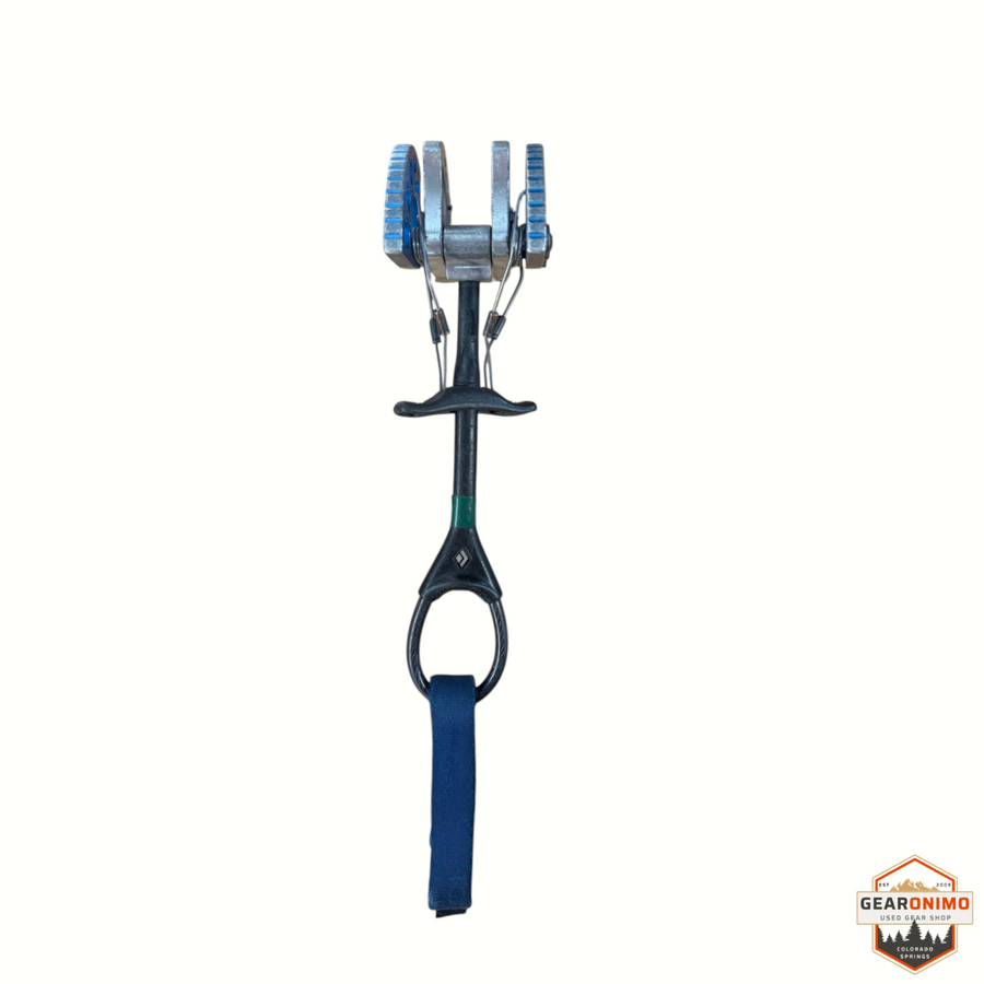 Gearonimo Sports Black Diamond C4 size 3 climbing cam with blue lobes and black stem on a wooden surface