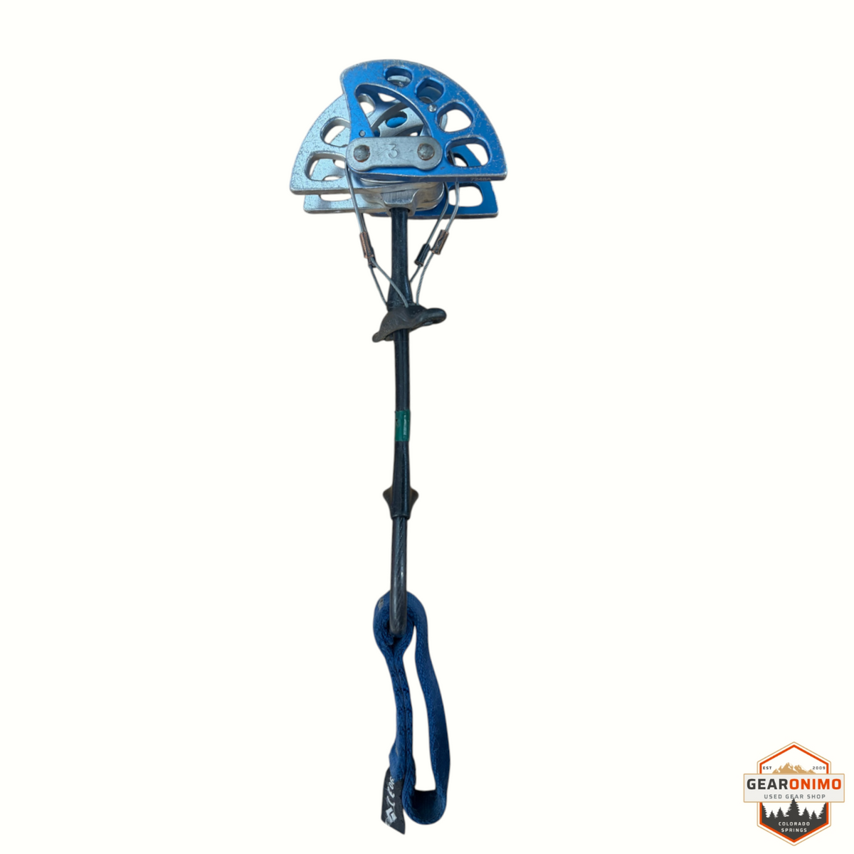 Gearonimo Sports Black Diamond C4 size 3 climbing cam with blue lobes and a durable nylon sling on a wooden surface