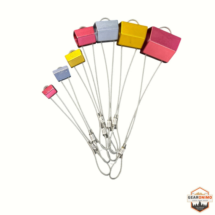 Gearonimo Sports Black Diamond Hex set featuring six assorted colorful climbing nuts with steel wire cables