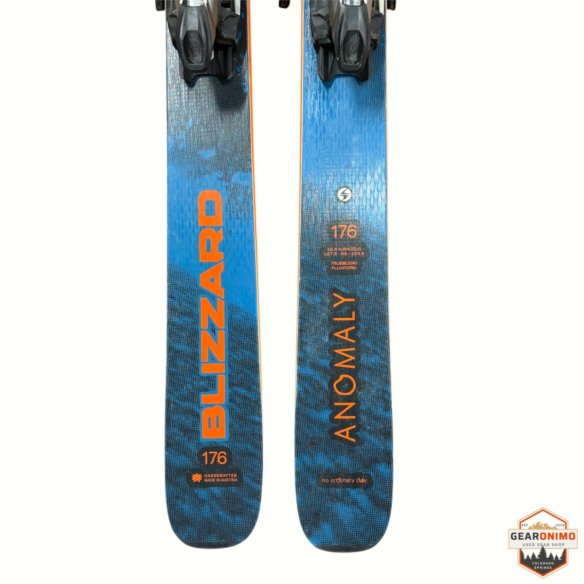 Gearonimo Sports Blizzard Anomaly 88 skis in blue with orange branding, 176 cm length, featuring Trueblend Fluxform.
