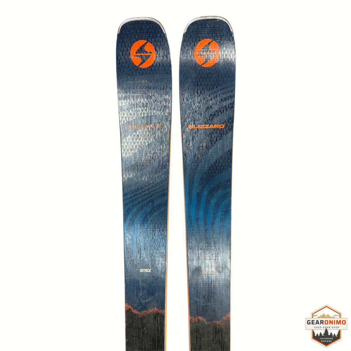 Gearonimo Sports Blizzard Anomaly 88 skis in blue with orange logo and textured graphic design, 176 cm length