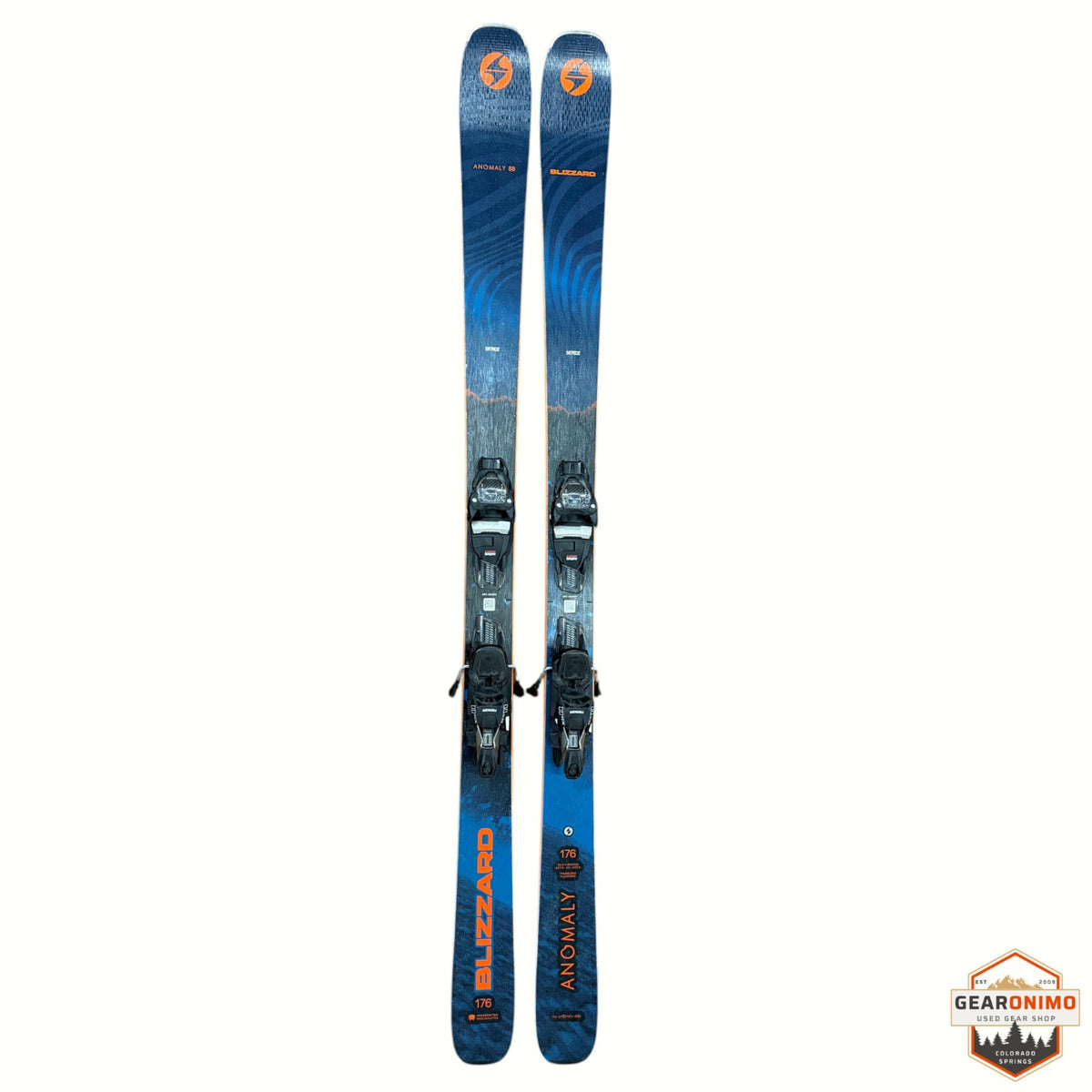 Gearonimo Sports Blizzard Anomaly 88 skis in blue, 176 cm length with mounted bindings on a white background.