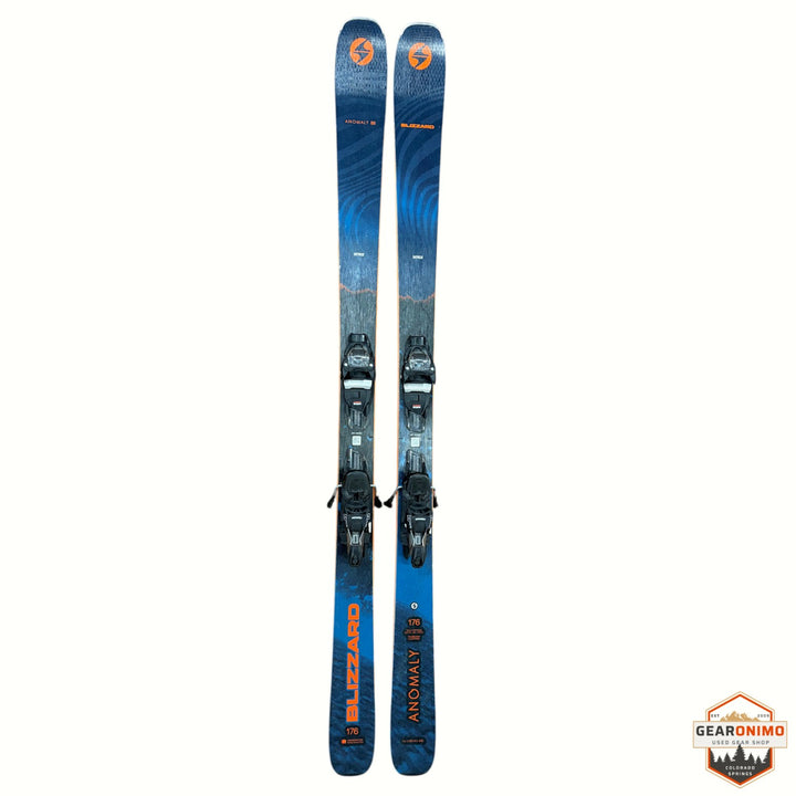 Gearonimo Sports Blizzard Anomaly 88 skis in blue, 176 cm length with mounted bindings on a white background.