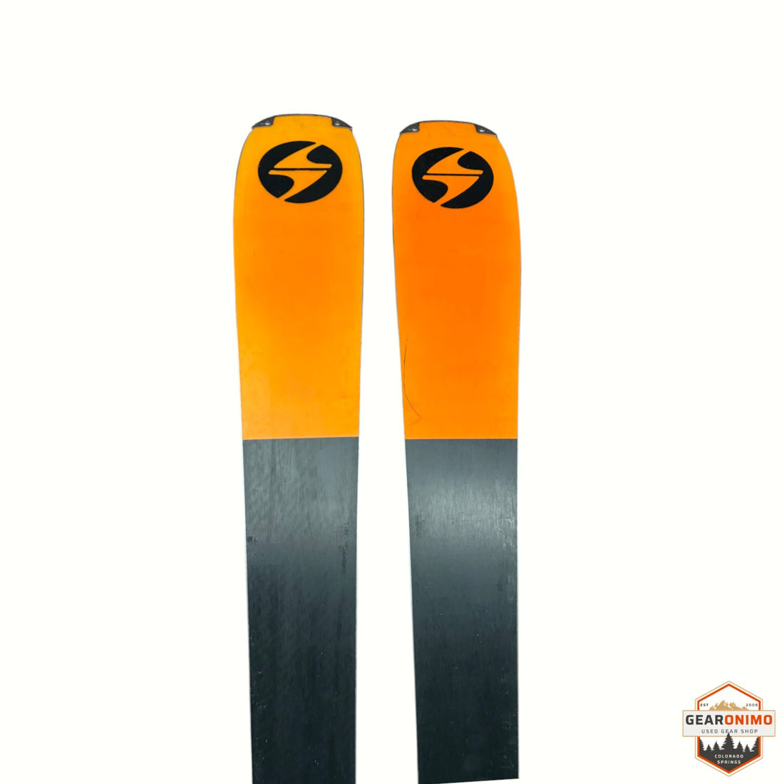 Gearonimo Sports Blizzard Anomaly 88 skis with orange and black tips and logo detail