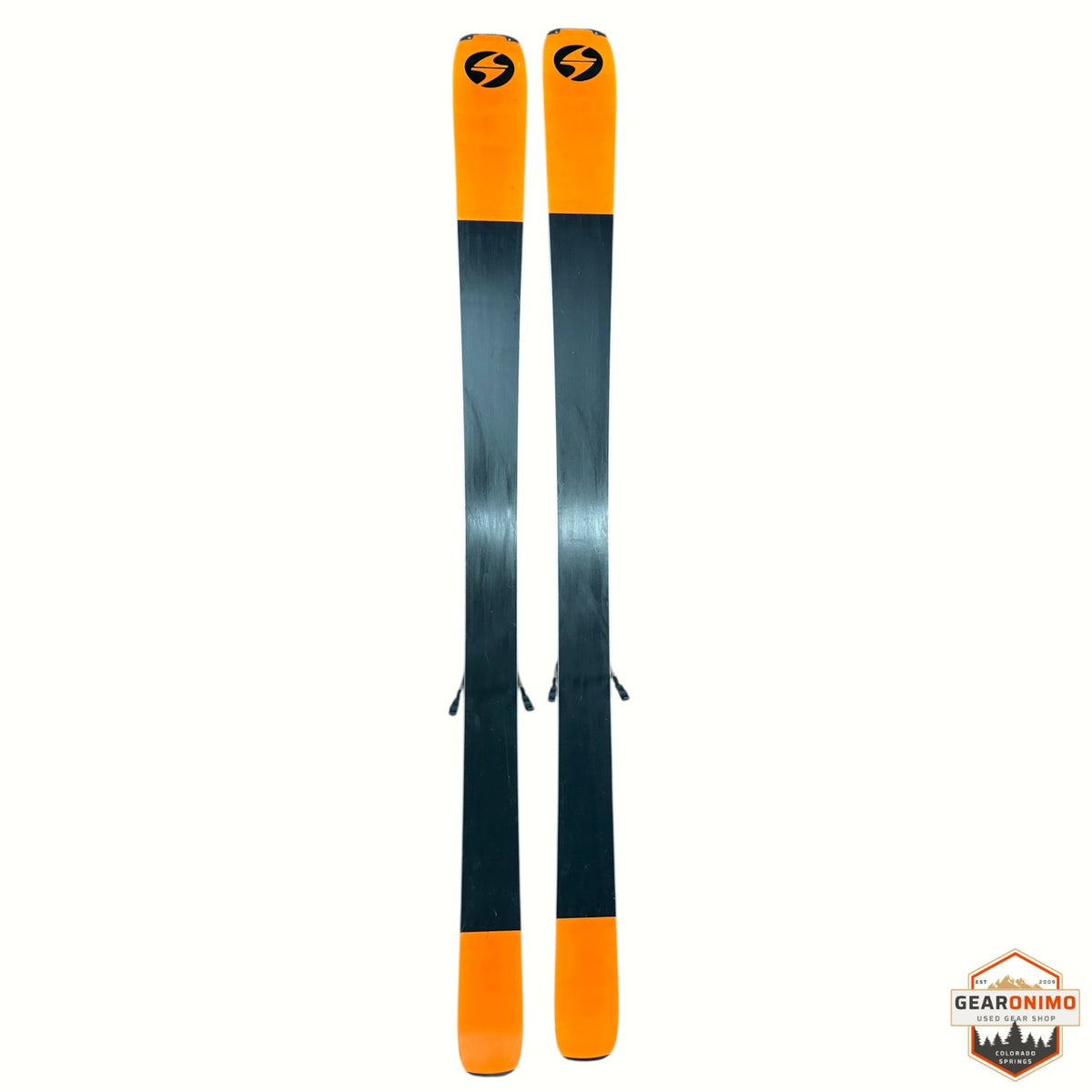 Gearonimo Sports Blizzard Anomaly 88 skis in blue and orange, 176 cm length, shown from a top-down view.