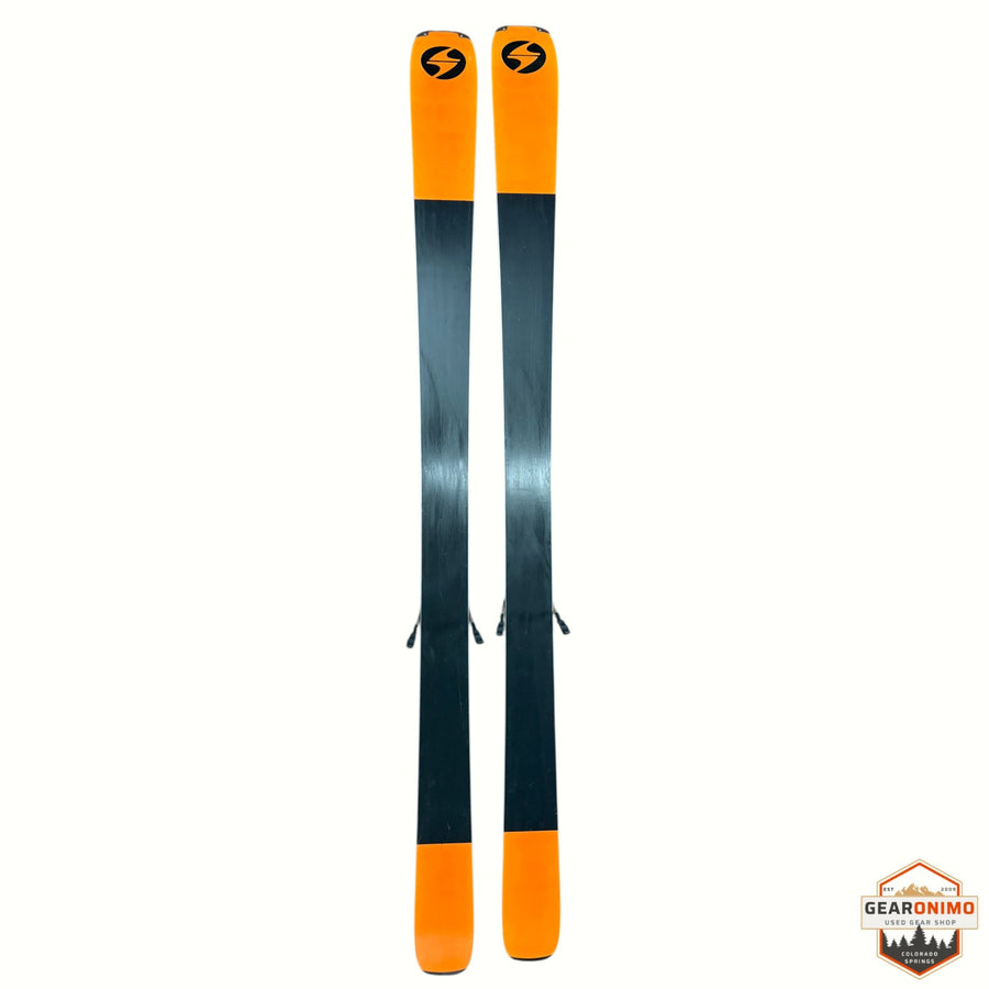 Gearonimo Sports Blizzard Anomaly 88 skis in blue and orange, 176 cm length, shown from a top-down view.