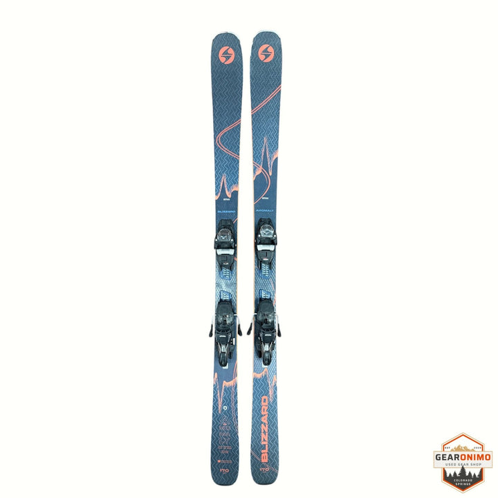 Gearonimo Sports Blizzard Anomaly 88 skis in blue with orange accents and pre-mounted Marker TCX 11 bindings