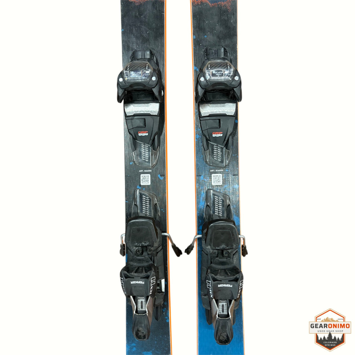 Gearonimo Sports Blizzard Anomaly 88 skis in blue with black Marker bindings, 176 cm length, top-down view.