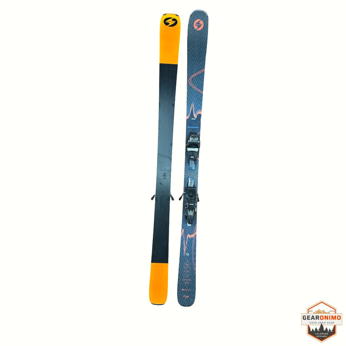 Gearonimo Sports Blizzard Anomaly 176 cm skis with black and orange design and mounted bindings