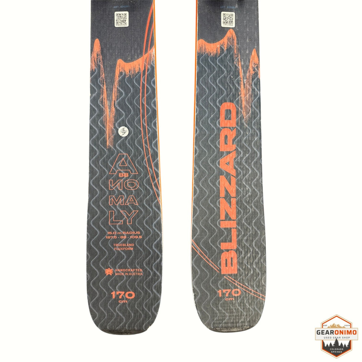 Gearonimo Sports Blizzard Anomaly 88 skis in black and orange with Marker TCX 11 bindings, 170 cm length.