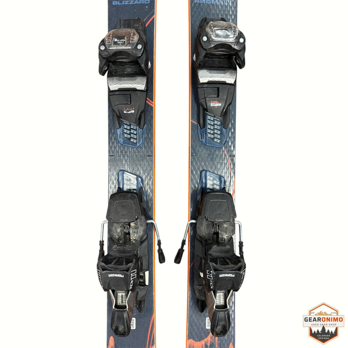 Gearonimo Sports Blizzard Anomany 88 skis with black Marker TCX 11 bindings, top-down view of 170 cm alpine skis.