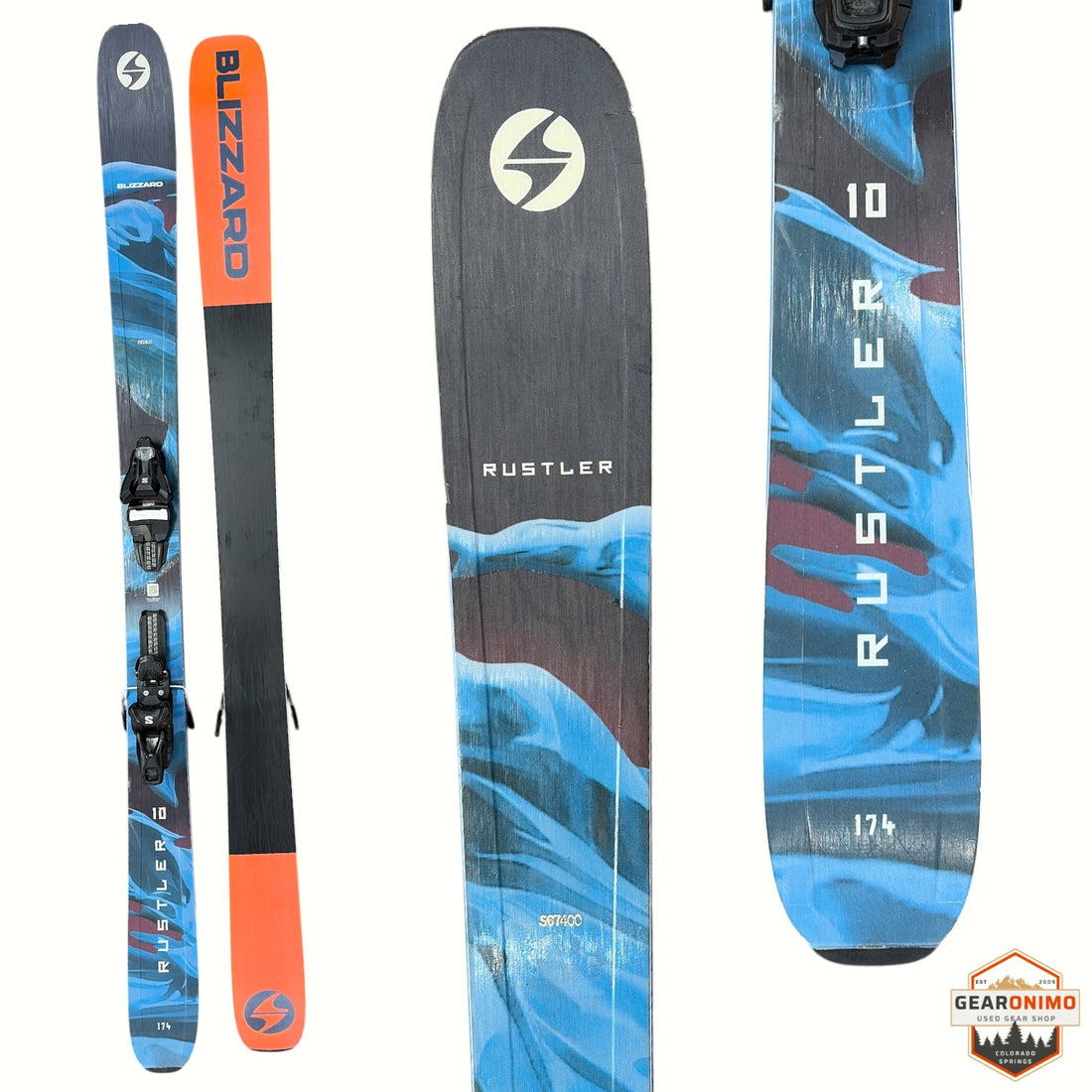 Gearonimo Sports Blizzard Rustler 10 skis in blue and black with integrated bindings, 174 cm length
