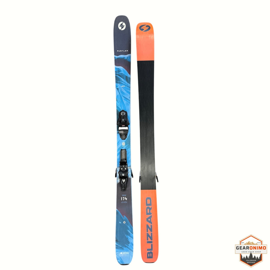 Gearonimo Sports Blizzard Rustler 10 skis in 174 cm, featuring blue graphic topsheets and orange bases with bindings.