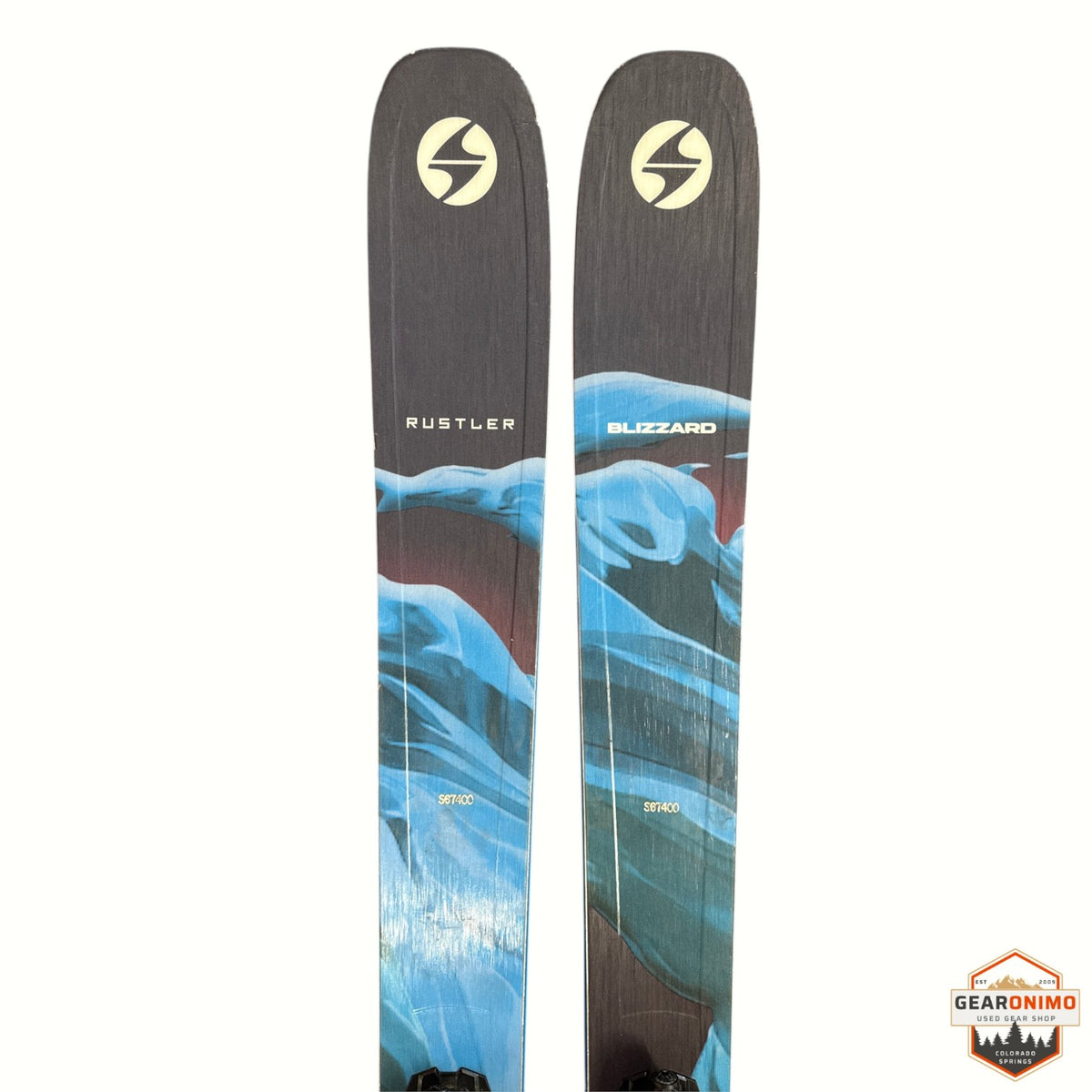 Gearonimo Sports Blizzard Rustler 10 skis in 174 cm with blue and grey mountain graphic topsheet design