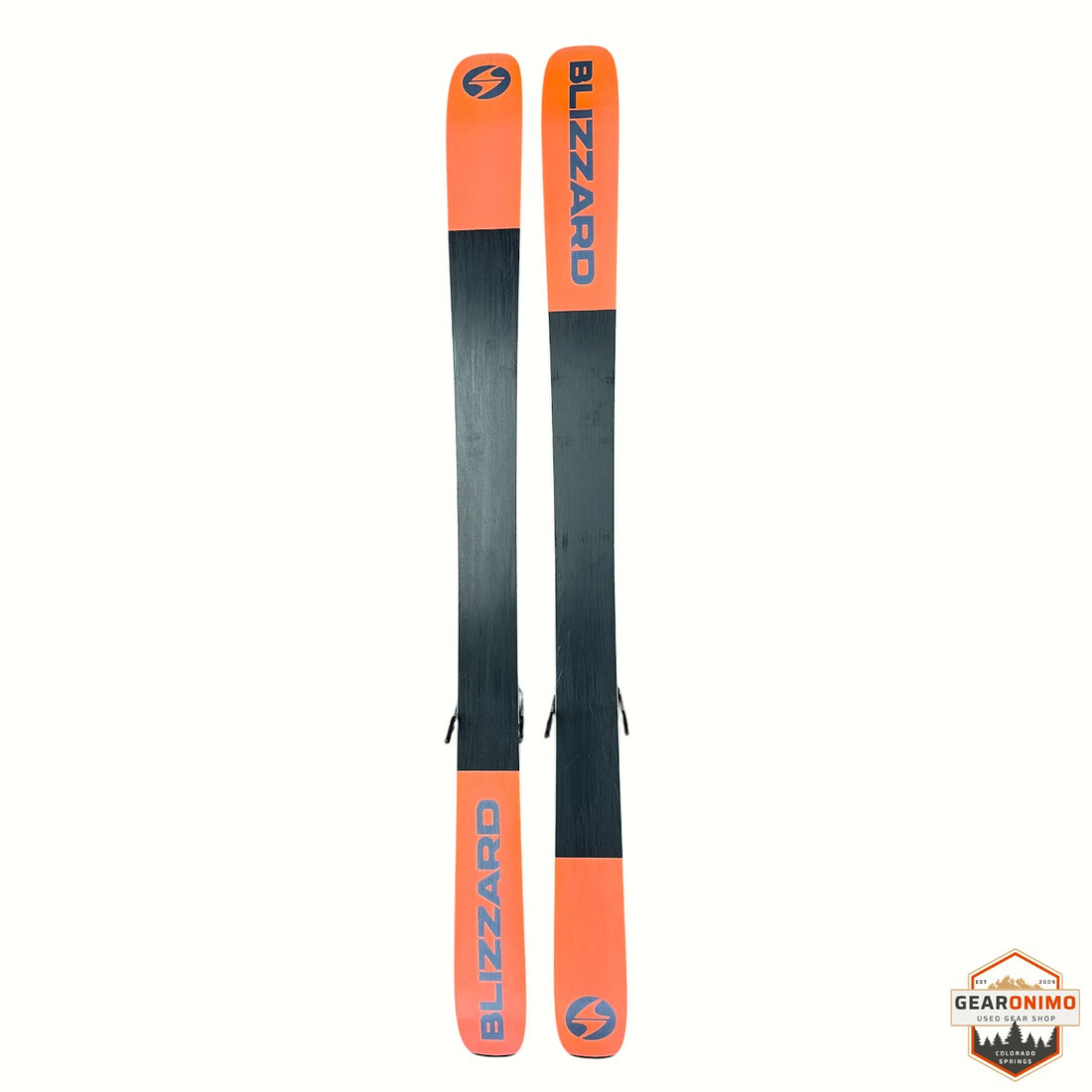 Gearonimo Sports Blizzard Rustler 10 skis in black and orange, 174 cm length, shown from the top view.