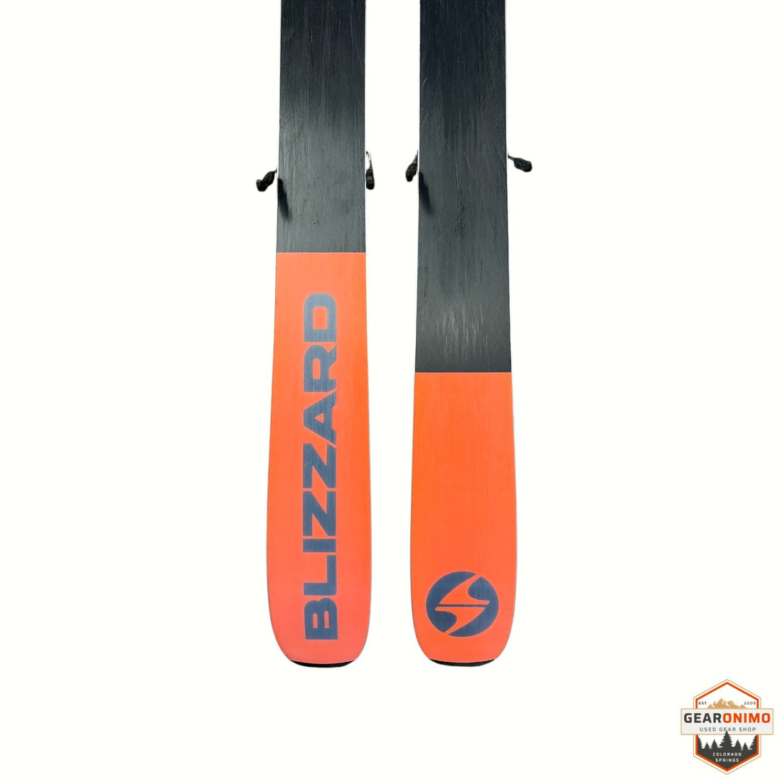 Gearonimo Sports Blizzard Rustler 10 skis in black and orange with blue branding, 174 cm length