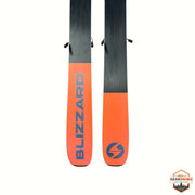 Gearonimo Sports Blizzard Rustler 10 skis in black and orange with blue branding, 174 cm length