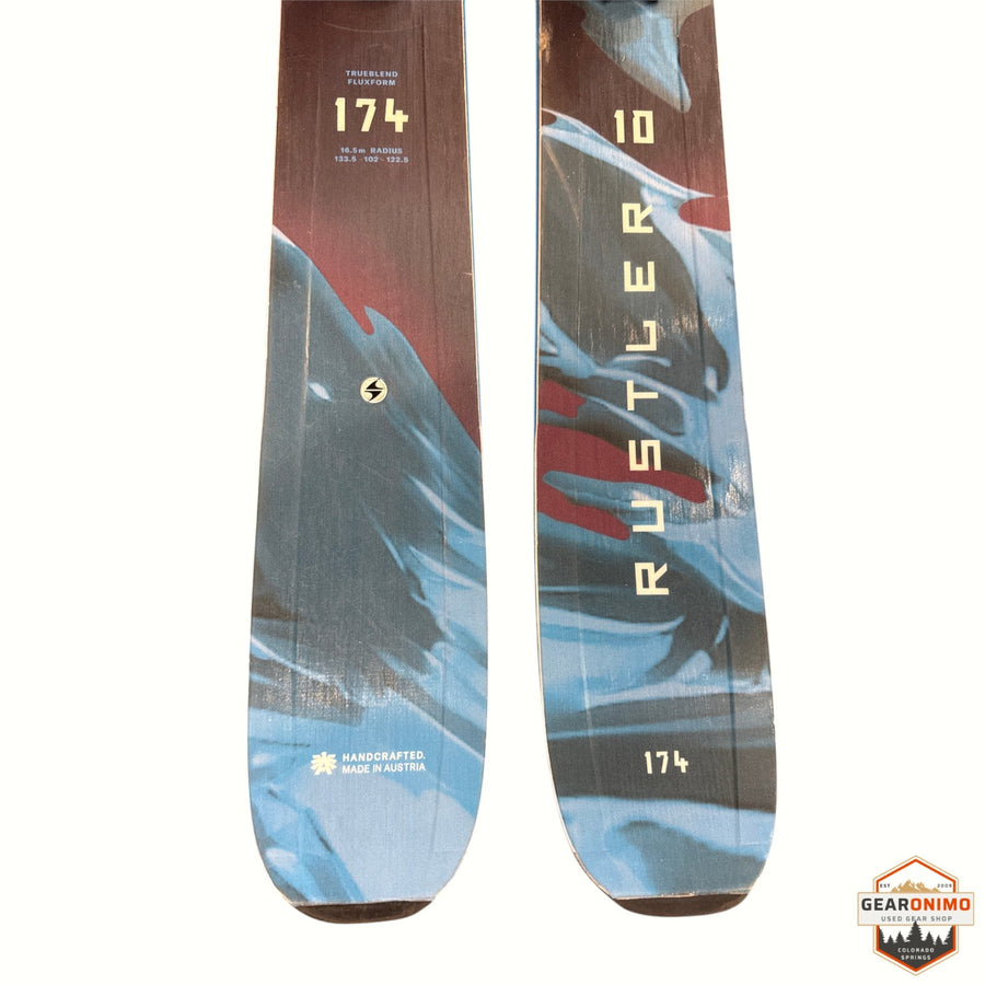 Gearonimo Sports Blizzard Rustler 10 skis in 174 cm length with blue and dark red abstract graphic design