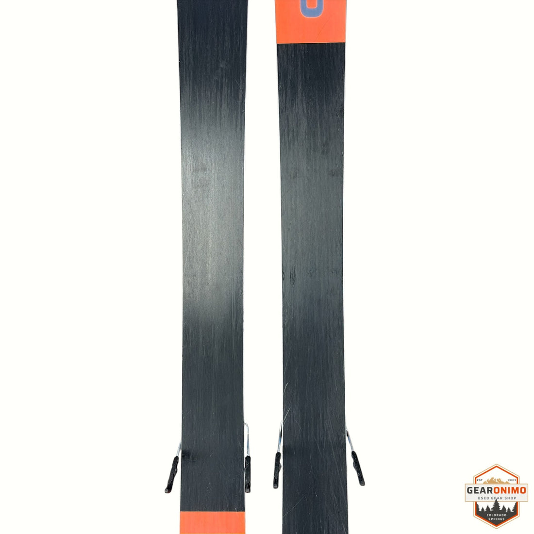 Gearonimo Sports Blizzard Rustler 10 skis in 174 cm length featuring black bases with orange tip and tail accents