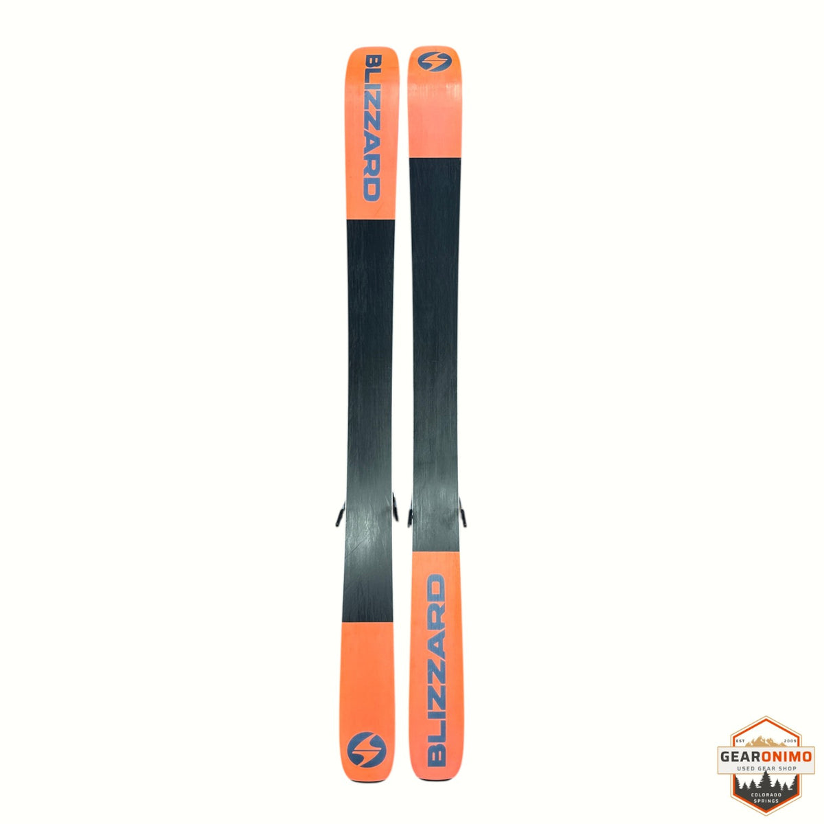 Gearonimo Sports Blizzard Rustler 10 skis in 174 cm length with orange tips and tails and black center sections