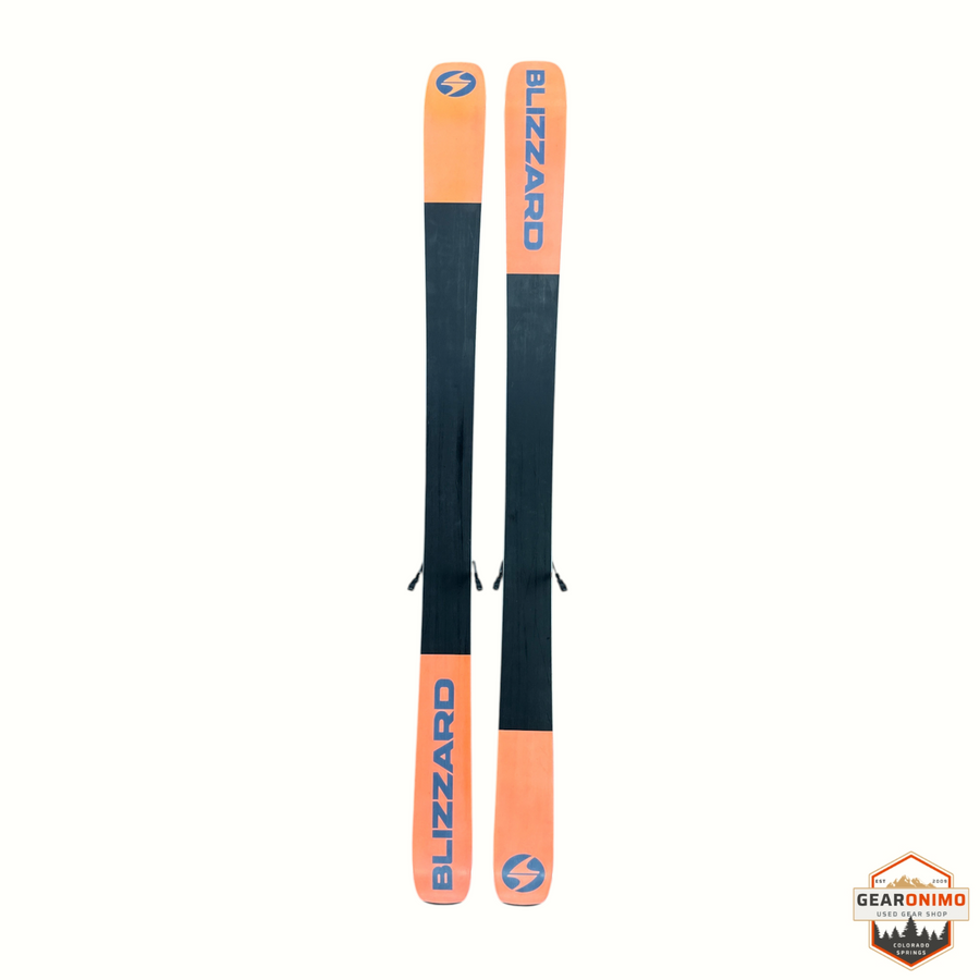 Gearonimo Sports Blizzard Rustler 96 all-mountain skis in orange and black with Marker TCX 11 bindings