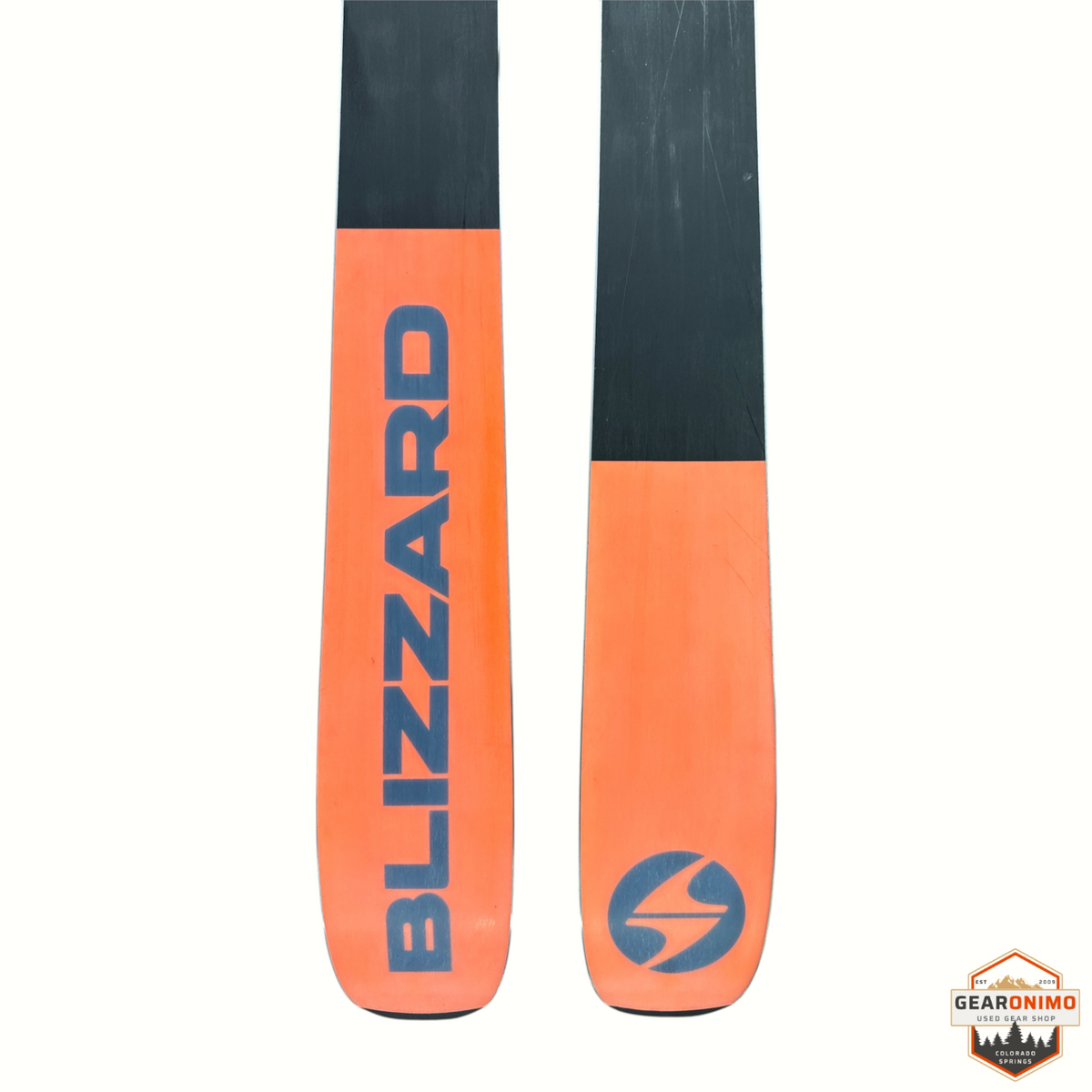 Gearonimo Sports Blizzard Rustler 96 skis featuring orange and black topsheets with branded logo detail