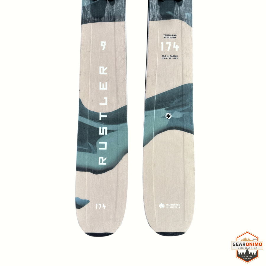 Gearonimo Sports Blizzard Rustler 96 skis with 174cm length and technical specifications printed on the topsheet
