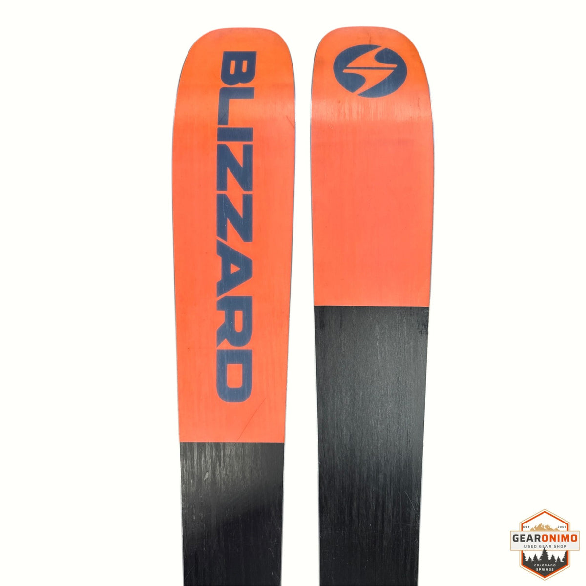Gearonimo Sports Blizzard Rustler 10 skis in orange and black with blue branding, top view