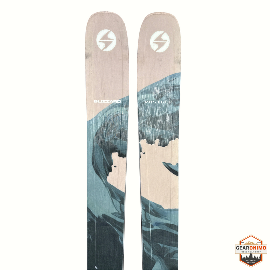 Gearonimo Sports Blizzard Rustler 96 skis with mountain graphic topsheet design