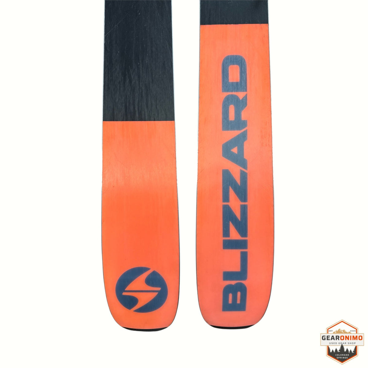 Gearonimo Sports Blizzard Rustler 10 skis in orange and black with logo branding