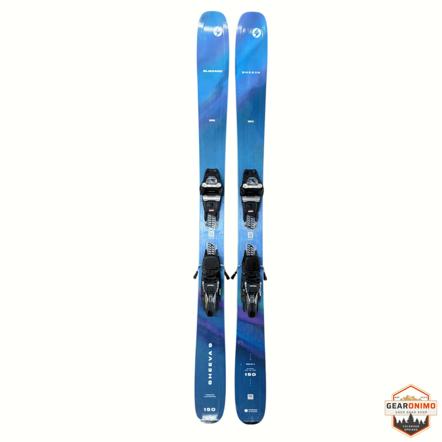 Gearonimo Sports Blizzard Sheeva 9 skis in blue with Marker Squire 11 bindings, size 150cm, top-down view.