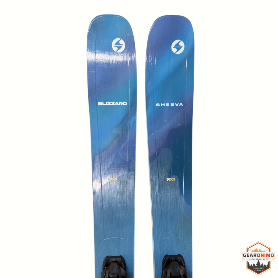 Gearonimo Sports Blizzard Sheeva 9 skis in blue with Marker Squire 11 bindings, 150cm length.