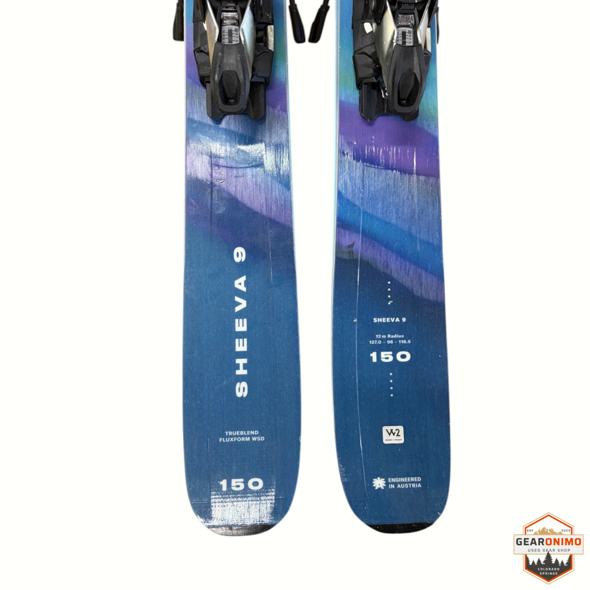 Gearonimo Sports Blizzard Sheeva 9 skis in 150cm length with Marker Squire 11 bindings and blue purple graphic design