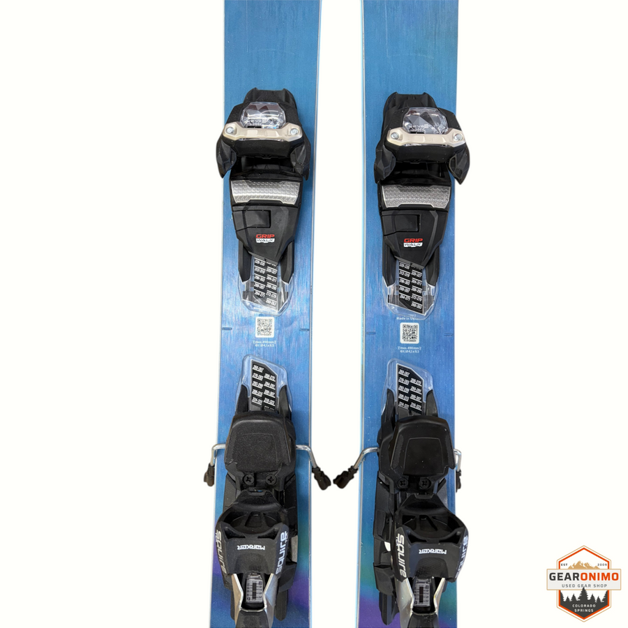 Gearonimo Sports Blizzard Sheeva 9 skis in blue with pre-mounted black Marker Squire 11 GripWalk bindings
