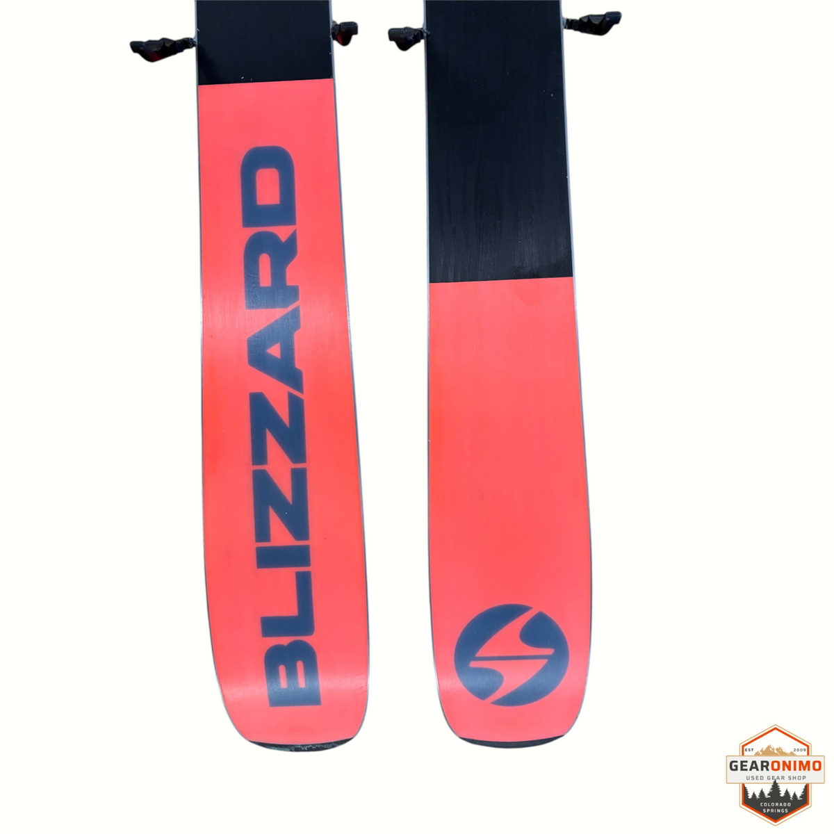 Gearonimo Sports Blizzard Sheeva 9 skis in coral and black with Marker Squire 11 bindings