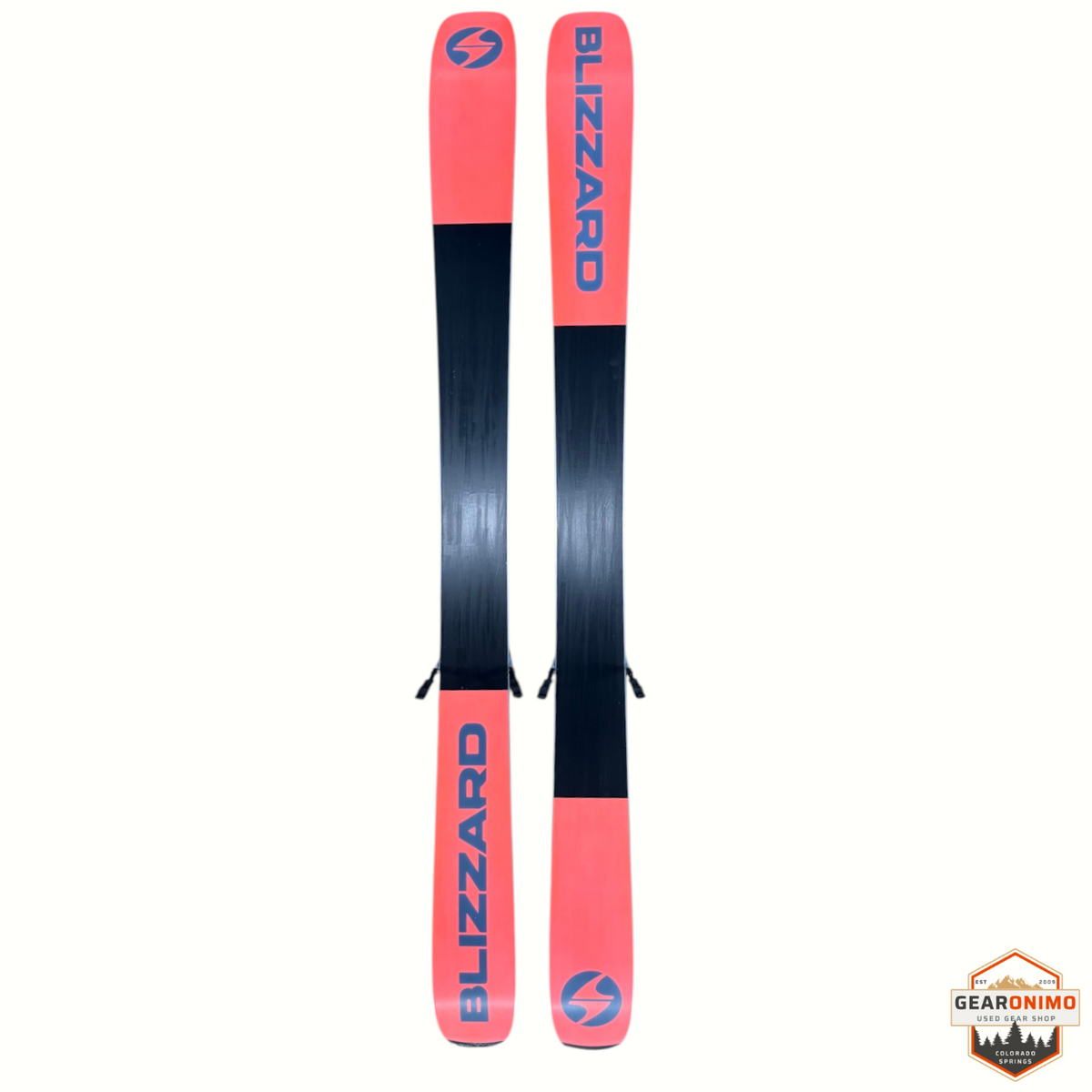 Gearonimo Sports Blizzard Sheeva 9 skis in coral and black with Marker Squire 11 bindings, 150cm length.